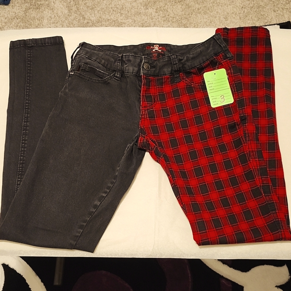 Vintage Women's Royal Bones Goth Check Split Leg Jeans Size 3